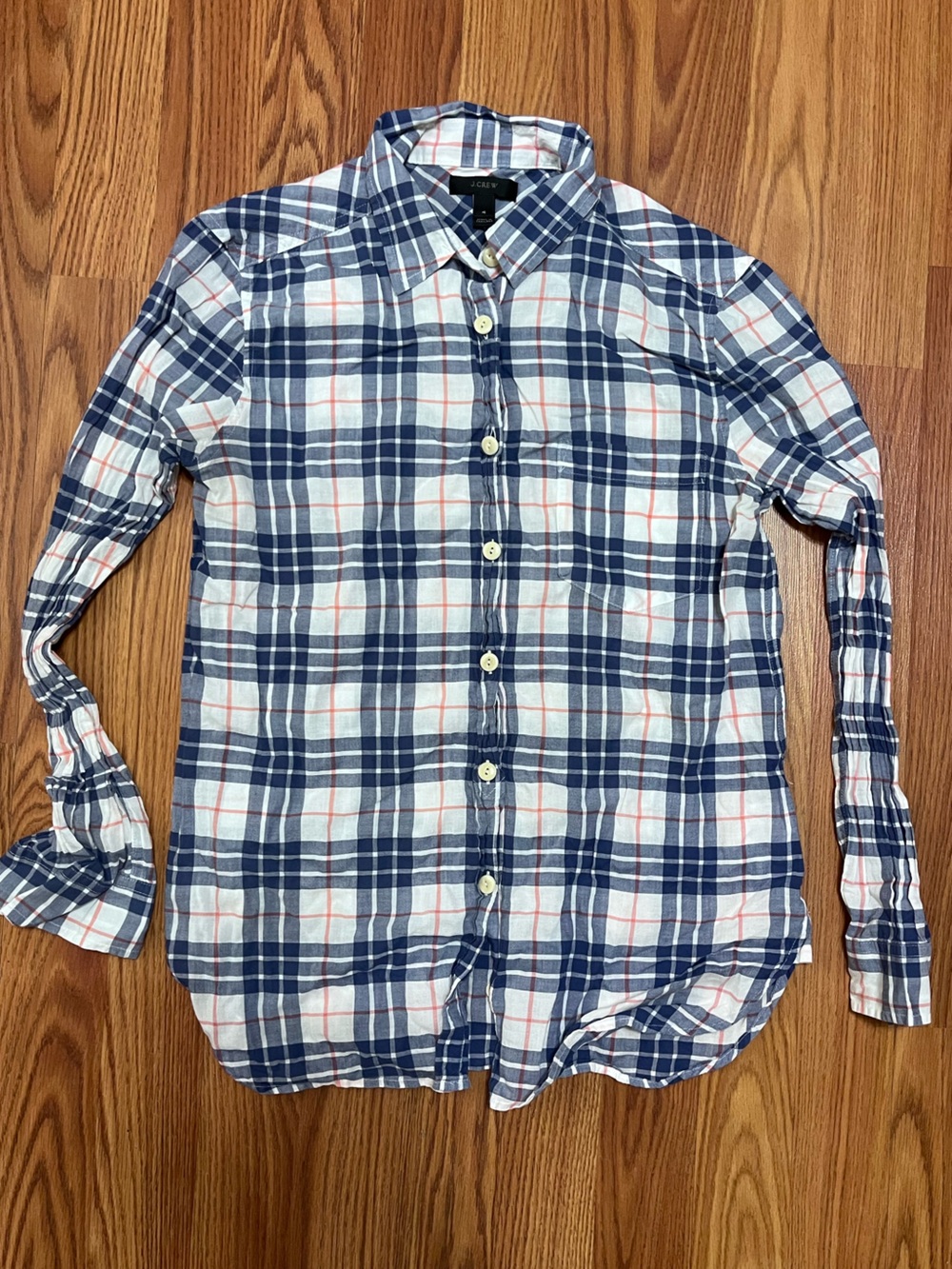 J. Crew Blue and White Plaid Button-Down Shirt with Red Stripes Size 4